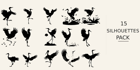 Fototapeta premium Crane Bird Dancing Silhouette - Clean Cut Shape Editable Vector Silhouette Black Vector Clipart on White Background