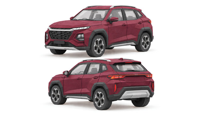 Red Modern Compact Crossover SUV Isolated Front and Rear View 3D Rendering