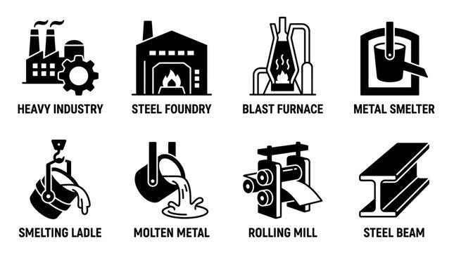 Heavy industry and metal smelting manufacturing icons with industry smelting manufacturing production engineering processing industrial metallurgy construction metalwork technology material