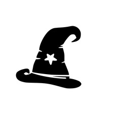 Black magic witch hat with star emblem isolated on clean white background © Sanjeda