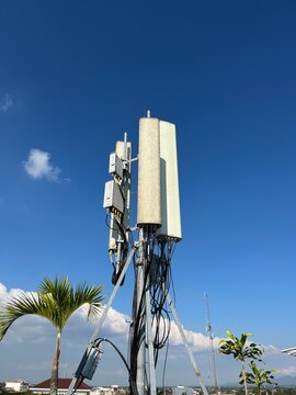 Clear blue sky with tall cellular tower structure. Multiple antennas and cables visible against the sky. Green foliage frames the bottom right corner. Ideal for telecom, infrastructure