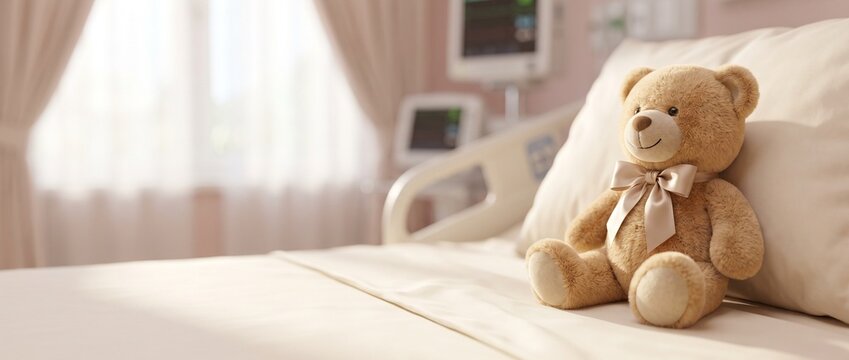 Um urso de pel&uacute;cia sentado em uma cama de hospital vazia em um quarto claro e iluminado. Conceito de pediatria, sa&uacute;de infantil e recupera&ccedil;&atilde;o