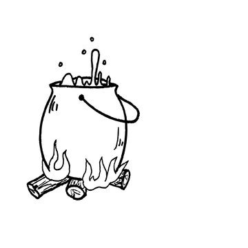 Hand drawn black and white cauldron boiling over a campfire on white background
