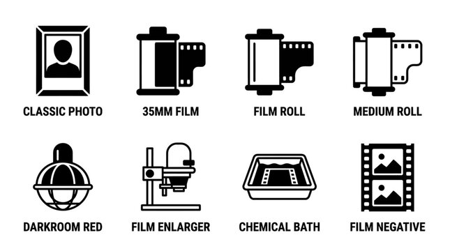 Set of classic photography and darkroom development icons featuring film rolls 35mm film enlarger chemical bath darkroom red light film negative photography darkroom negative enlarger