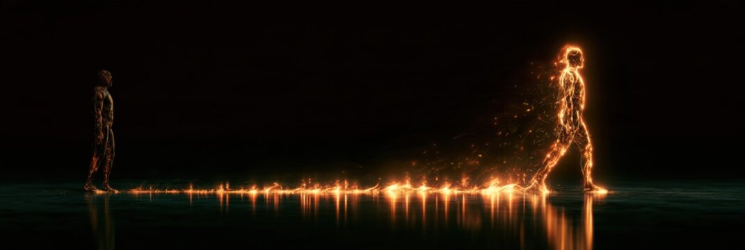 Abstract human forms illustrate the wellness journey from a compact state to glowing vitality against a dark background.