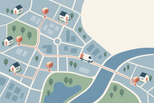 Delivery van driving through a suburban neighborhood map for Cyber Monday shipping logistics and parcel distribution across local routes.