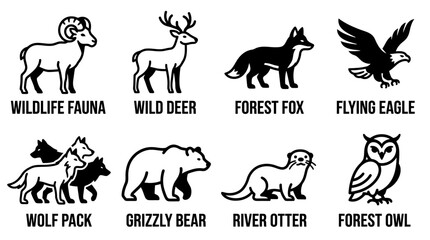Fototapeta premium Wildlife animal icon set including bear eagle deer wolf and other forest animals with wildlife wilderness predator illustration collection silhouette minimalist creature adventure outdoors