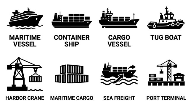 Maritime shipping logistics and port cargo transport icons with maritime shipping logistics terminal transport container delivery industry navigation bulkhead shipment international