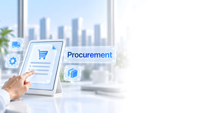 Procurement Hand Touching Tablet Displaying Holographic Shopping Cart Interface, Digital Technology Concept
