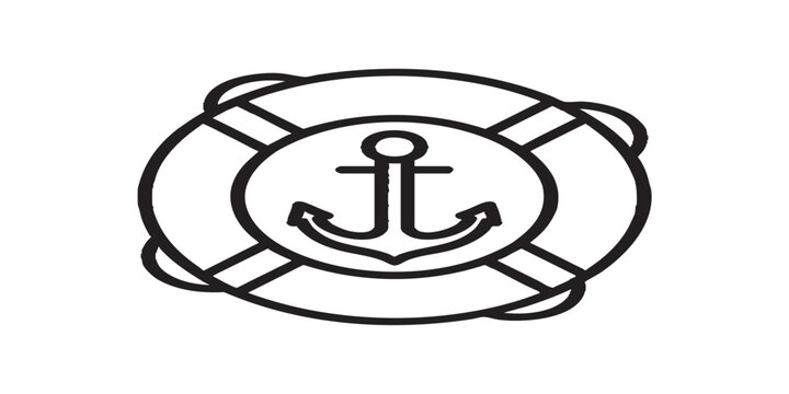 Anchor inside lifebuoy line icon, maritime safety concept, clean black and white outline, simple professional design for mobile or web.