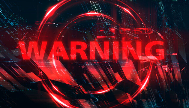 Cybersecurity abstract background with red neon warning text and glowing matrix circles 3d render