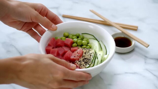 Hands gently reposition white poke bowl filled with diced tuna, green soybeans, cucumber slices and sesame seeds beside wooden chopsticks and dark dipping sauce on marble table