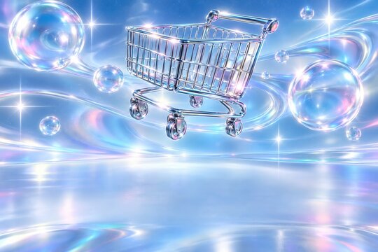 Chrome shopping cart floating amidst iridescent bubbles and glowing light swirls for an ethereal Cyber Monday retail sale background.