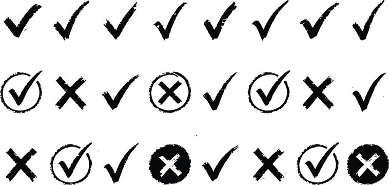 "Check mark and cross mark icon set with hand drawn brush line art tick and cross symbols vector illustration