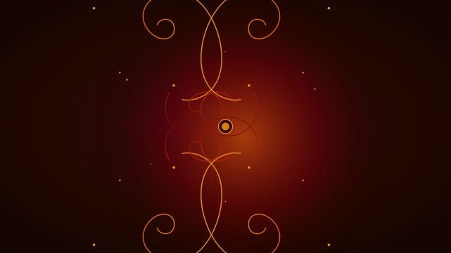 Abstract batik pattern with glowing orange and red spiral lines flowing over a dark maroon background, inspired by autumn harvest colors in a 4K motion graphic animation.