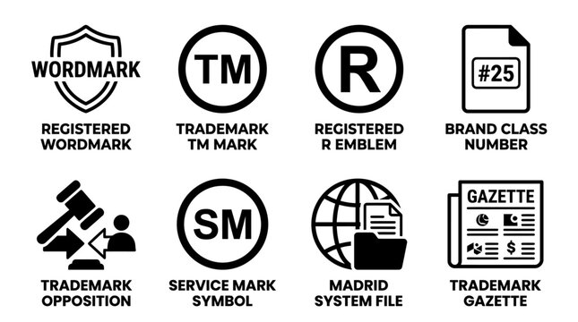 Collection of black and white vector icons representing registered wordmarks trademarks service marks brand numbers gazettes with wordmark registered trademark opposition collection business