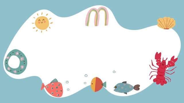Animated summer ocean frame with sun, rainbow, fish, lobster and shell surrounding large blank space