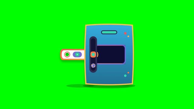 Vibrant 2D vector animation of digital passkey authentication with a futuristic reader on a green screen background.