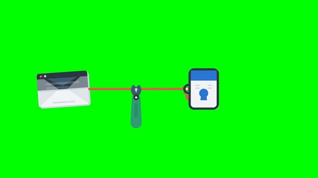 Clever isolated cybersecurity animation showing a phishing message transforming into a hook to steal a credential.