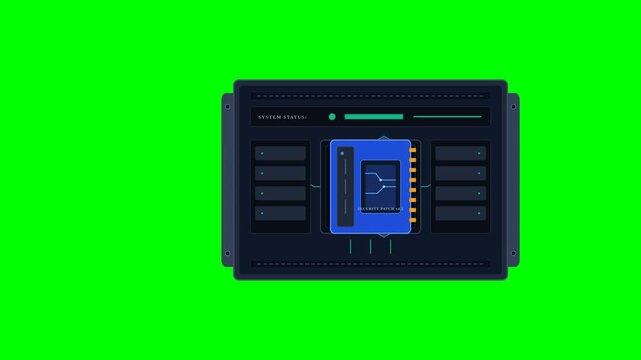 Professional isolated cybersecurity animation depicting hardware security patch module inserting into server rack.