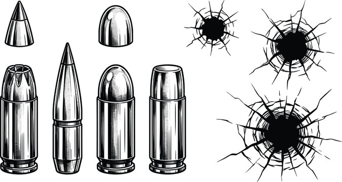 Ammunition bullets and cracked glass bullet hole vector icon set featuring vintage engraved rifle and handgun cartridge graphics.eps