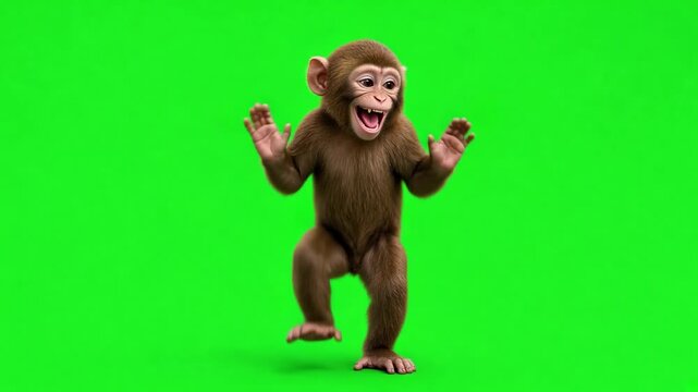 Cute Little Baby Monkey Dancing and Smiling Happily on a Green Screen Background, 3D Render Illustration of a Funny Chimpanzee