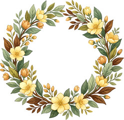 Obraz premium Yellow floral wreath vector illustration with green leaves and blossoms for wedding invitation frame design
