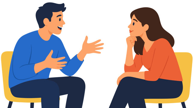 Young man in blue shirt gesturing expressively while speaking to smiling woman in orange blouse seated on yellow chair in friendly interpersonal communication flat vector illustration scene