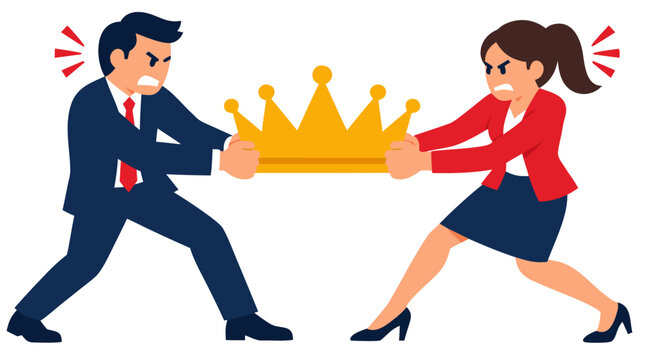 Frustrated businessman and businesswoman fiercely pulling opposite ends of golden royal crown in fierce corporate rivalry and power struggle concept flat vector illustration on white background