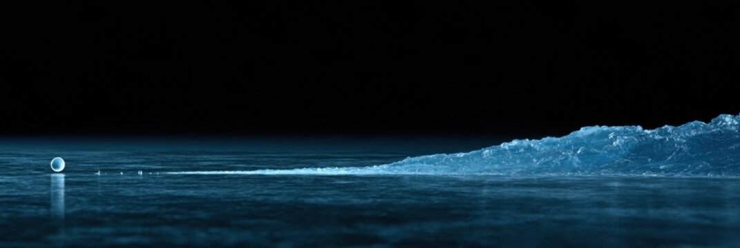 A water droplet on the left which grows into a stream, then a river, and finally an ocean on the right with a dark background.