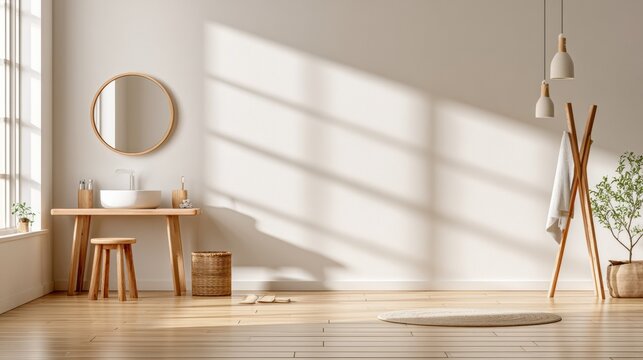 Space shows a Montessori bathroom setup featuring a child-height stool, towel hook, and mirror, with wooden accessories and warm light.