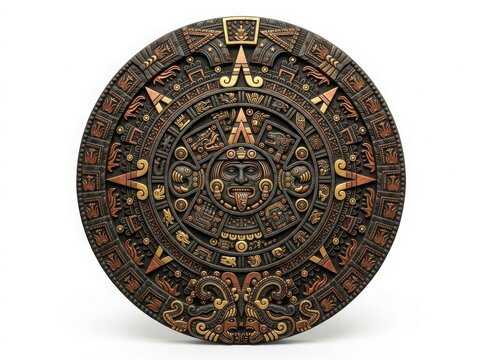 Ancient aztec sun stone calendar with intricate carvings and colorful symbols isolated on a plain white background