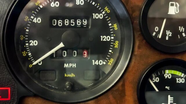 Closeup pan across illuminated check lights and analog instruments on the dashboard of an old car, just after the ignition has been switched on, ready to start the engine.