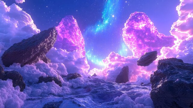 Jagged obsidian cliffs beneath magical aurora with glowing peaks floating rocks and radiant cosmic stars
