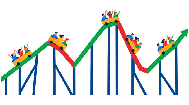 Tiny investors riding rollercoaster following fluctuating market line graph, financial volatility and risk concept in green and red flat vector illustration isolated on plain white background