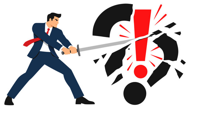 Determined businessman in dark suit swinging sharp silver sword to slash through a giant black question mark revealing red exclamation mark in this solution vector illustration on white backdrop