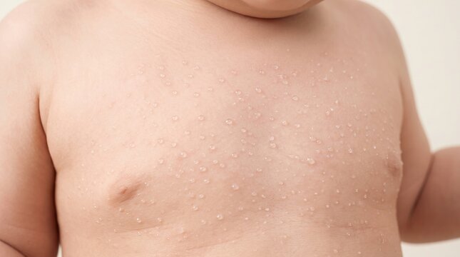 Small clear blisters heat rash on newborn baby chest, miliaria crystallina or infant skin eruption condition, close up