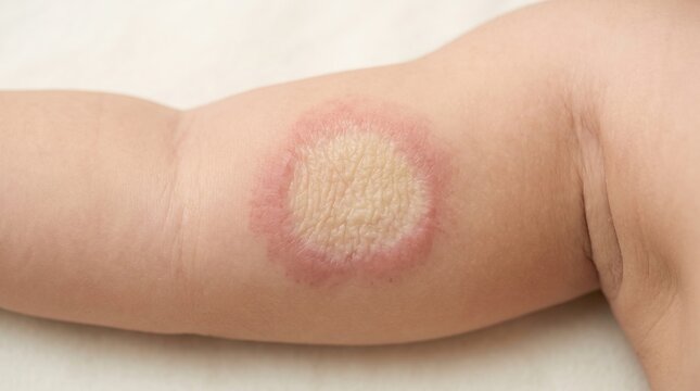 Circular red ringworm rash with dry center on a newborn baby arm, tinea corporis or pediatric fungal skin infection