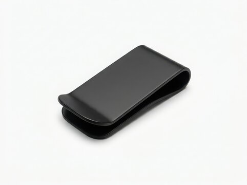 A simple black metal money clip for holding cash and cards isolated on a white background