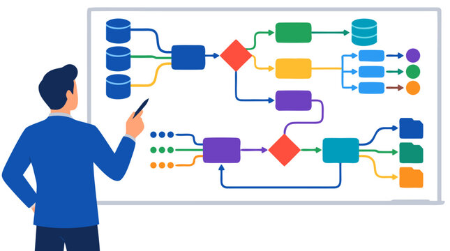 Male manager in blue suit analyzing complex colorful algorithm flowchart diagram with data nodes on whiteboard vector illustration isolated against solid white backdrop for business