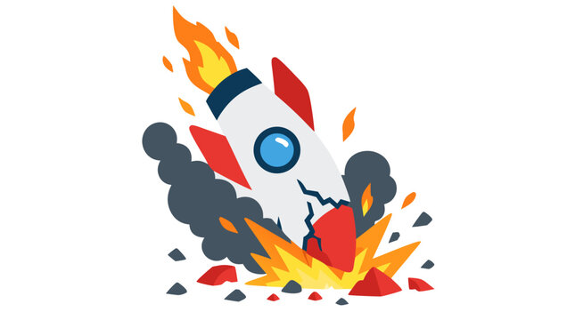 Rocket Crashing and Exploding with Flames Startup Failure Concept Vector Illustration Bold Flat Colors on Clean White Background Business Failure Metaphor Cartoon Style detailed commercial stock