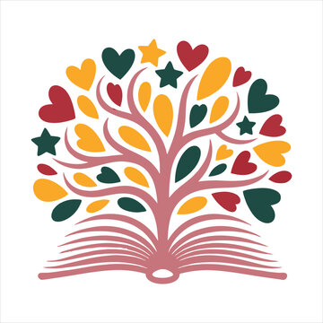 Open book with colorful tree illustration representing knowledge and growth in a creative setting with copy space