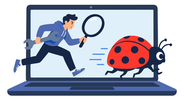 Young software developer in blue hoodie holding wrench and magnifying glass to hunt giant red ladybug across laptop monitor in flat vector computer programming bug fixing illustration