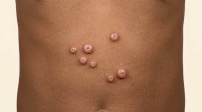Molluscum contagiosum viral skin infection umbilicated papules on baby abdomen