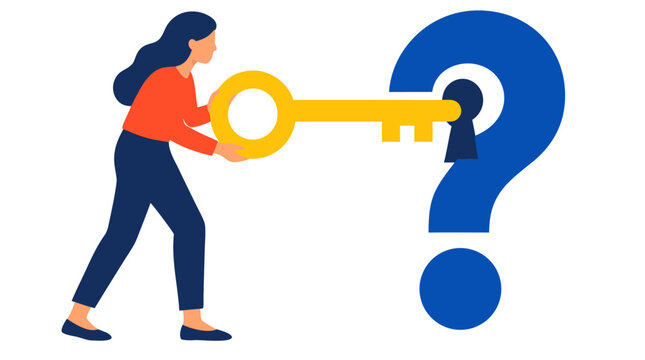 Conceptual flat vector illustration of a woman inserting a large golden key into a question mark shaped keyhole, symbolizing unlocking answers solutions discovery mystery bold colors
