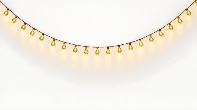 String of glowing yellow fairy lights on white background