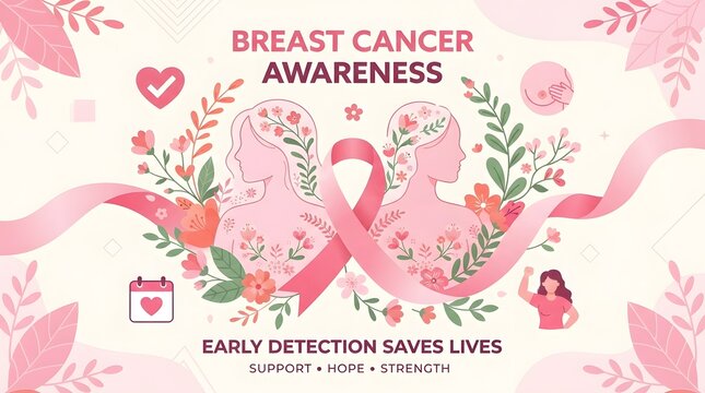 pink background with flowers and breast cancer awareness card