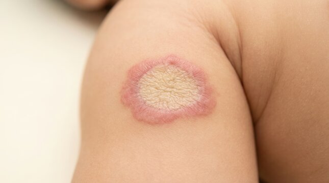 Macro close up of ringworm tinea corporis fungal infection with a red circular rash on a baby's arm.