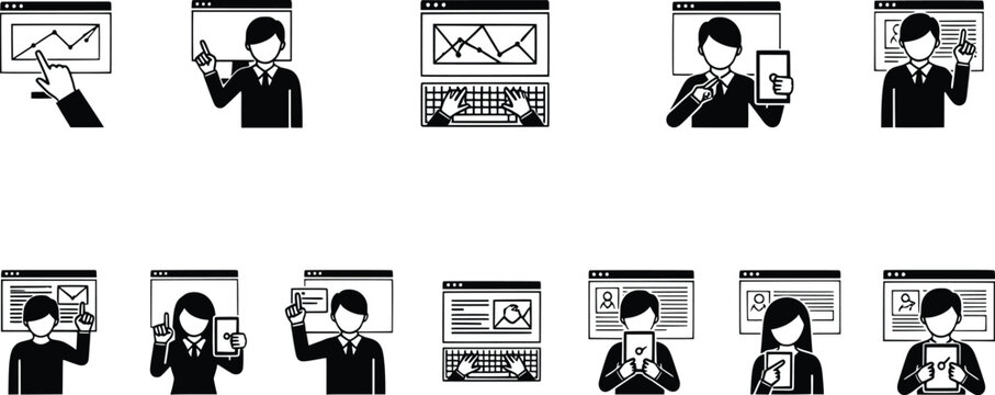 Set of business people icons working on computers and presenting digital data charts for online training webinars and office workflows.