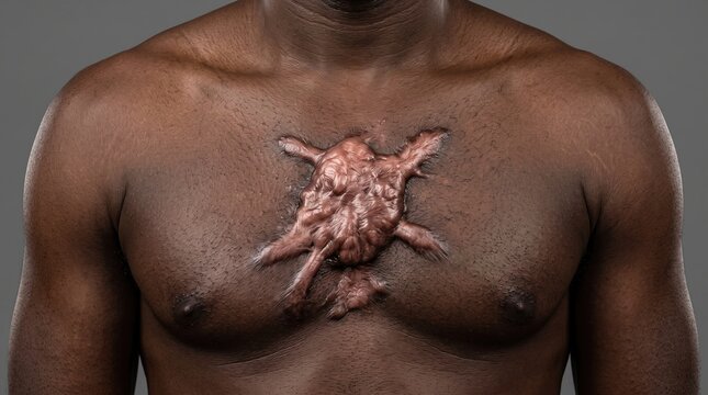 Severe hypertrophic keloid scar on the chest of a dark skinned male patient, excessive scar tissue formation and dermatology condition